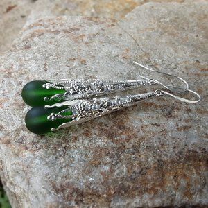 Shamrock Green Long Vintage earrings - Cultured Sea Glass Jewelry